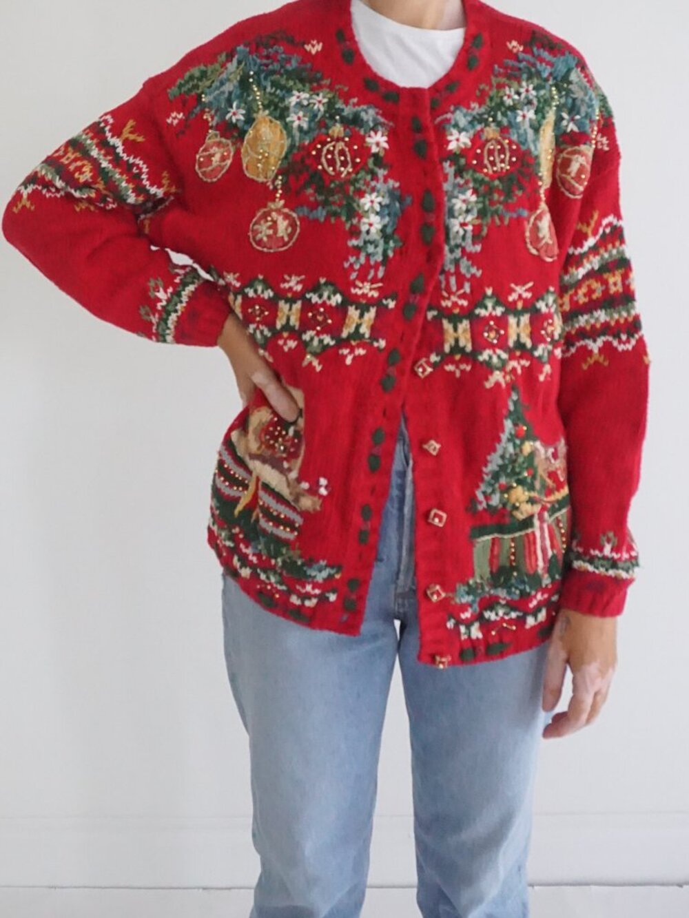 Vintage Tiara Red Ugly Christmas Ornaments Trees Garland Knit Cardigan L